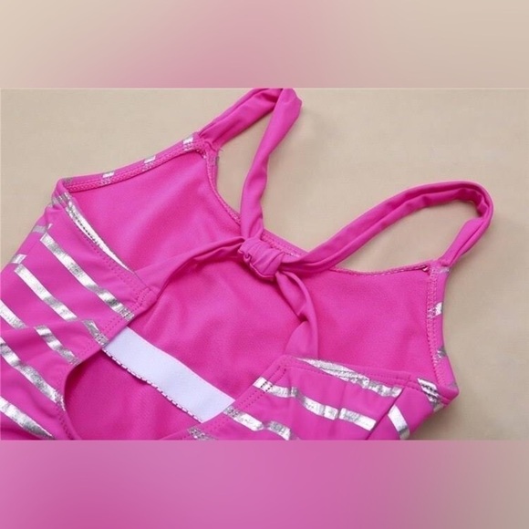 #Girlsquad Pink Silver Striped One Piece Bathing Suit with Sequin Mermaid Sz 10 - Picture 3 of 4
